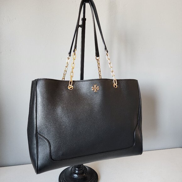 Tory Burch Black Leather Tote with Gold Chain - Picture 4 of 16